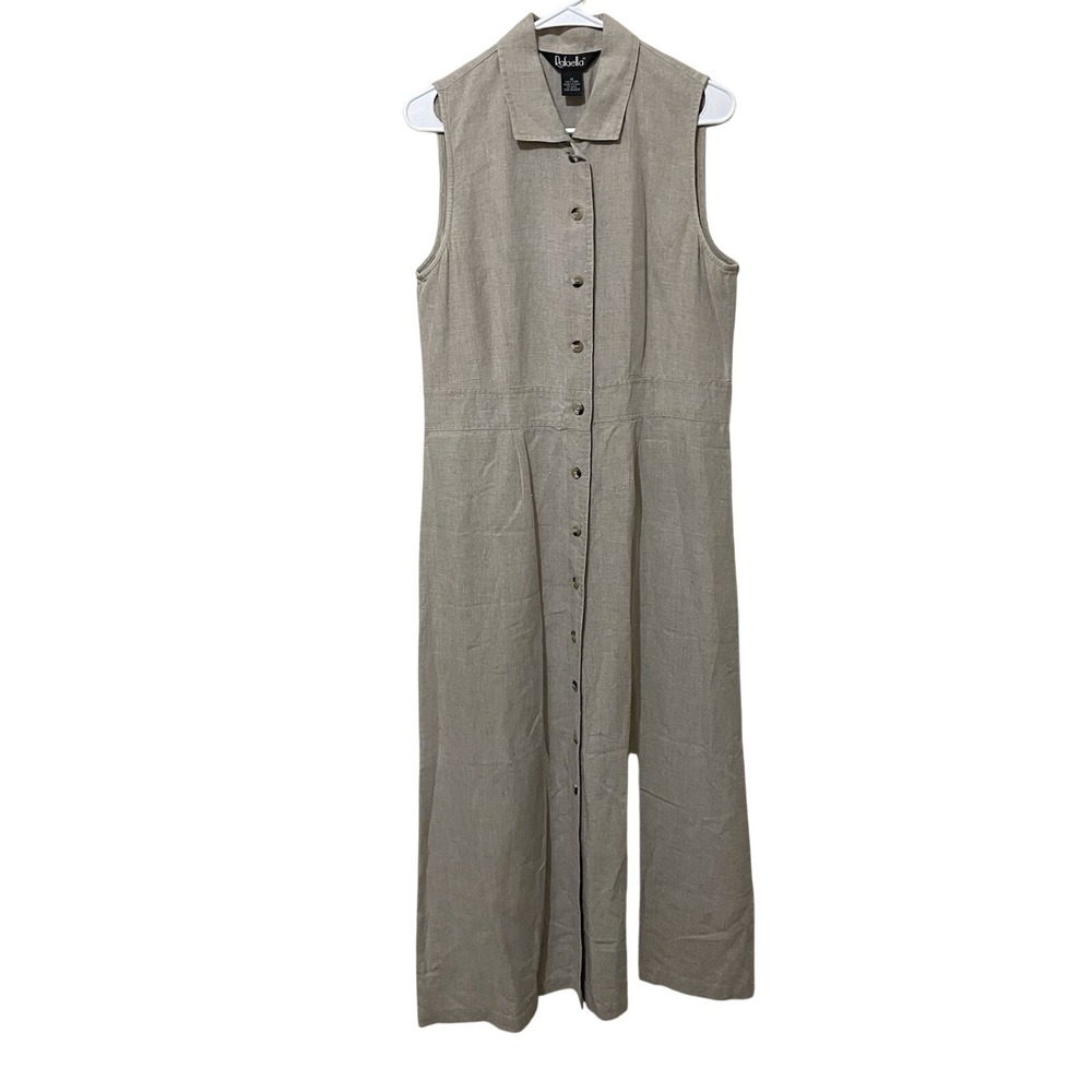 100% Linen Sleeveless Button Front Maxi Dress Size 12 Minimalist Coastal Granola